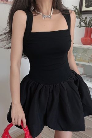 Handmade Black Slip Dress with Wide Shoulder Straps, Square Neckline, Waist-Cinching Design - Vacation Style, Slimming Fit