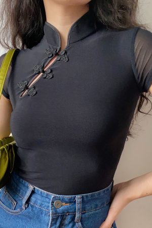 Handmade Chinese Style Qipao Top for Women, Retro Doll Button Design, Improved Short Sleeve Mesh, Vintage Chic Fashion