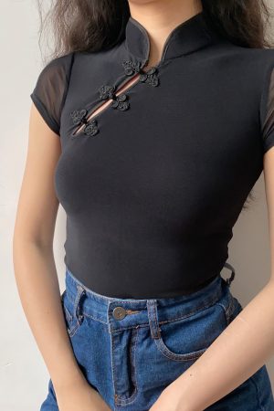 Handmade Chinese Style Qipao Top for Women, Retro Doll Button Design, Improved Short Sleeve Mesh, Vintage Chic Fashion