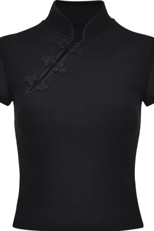 Handmade Chinese Style Qipao Top for Women, Retro Doll Button Design, Improved Short Sleeve Mesh, Vintage Chic Fashion