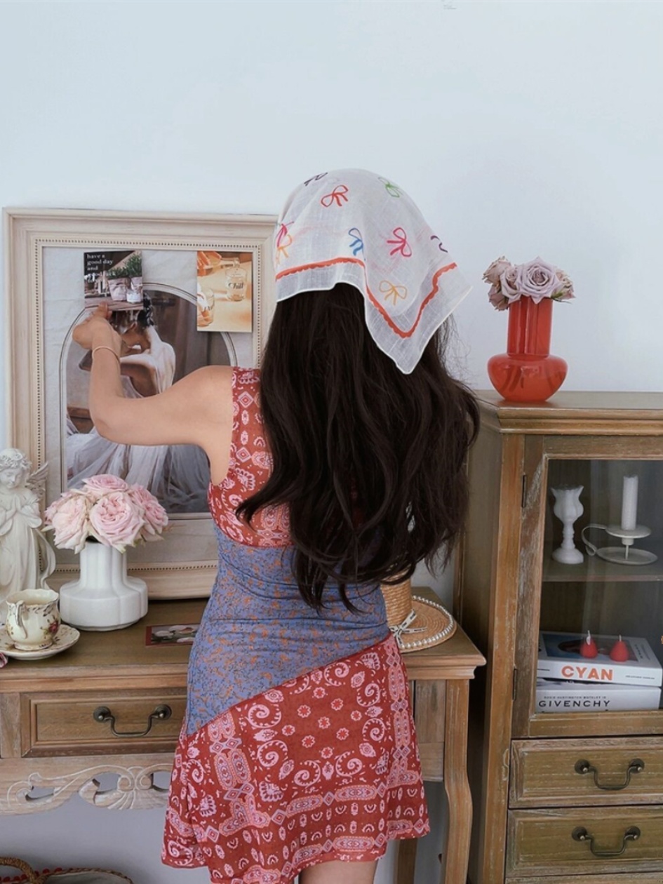 Handmade Floral Patchwork Mesh Square Neck Vacation Dress with Big Elastic Waist - American Country Style Handmade Floral Patchwork Mesh Square Neck Vacation Dress with Big Elastic Waist - American Country Style