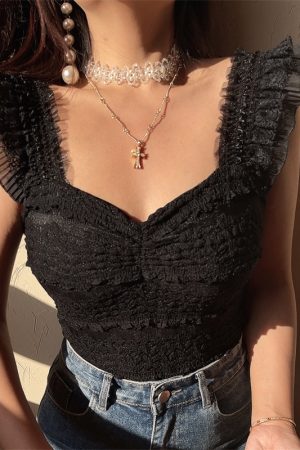 Handmade French Lace Flutter Sleeve Camisole Top for Women - Sweet Fairy Style, Elastic Fit, Perfect for Romantic Looks