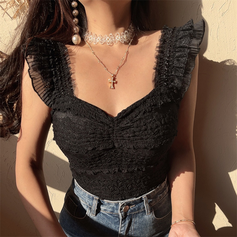 Handmade French Lace Flutter Sleeve Camisole Top for Women - Sweet Fairy Style, Elastic Fit, Perfect for Romantic Looks Handmade French Lace Flutter Sleeve Camisole Top for Women - Sweet Fairy Style, Elastic Fit, Perfect for Romantic Looks