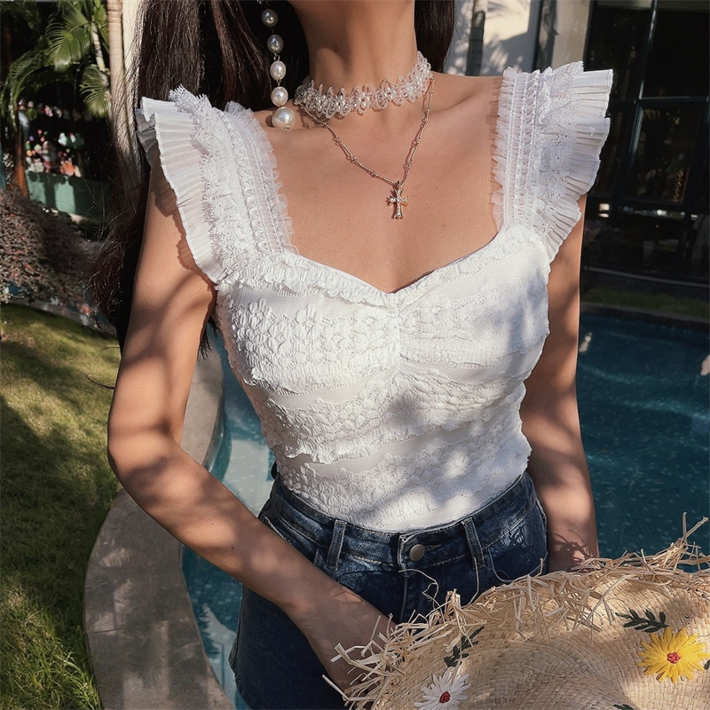 Handmade French Lace Flutter Sleeve Camisole Top for Women - Sweet Fairy Style, Elastic Fit, Perfect for Romantic Looks Handmade French Lace Flutter Sleeve Camisole Top for Women - Sweet Fairy Style, Elastic Fit, Perfect for Romantic Looks