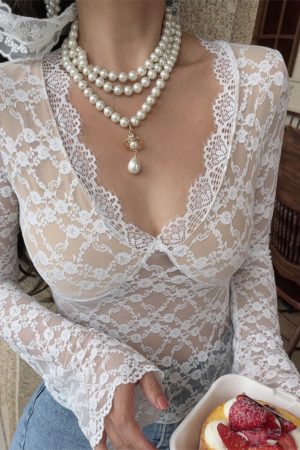 Handmade French V-Neck Lace Long Sleeve Top - Sexy Fairy Style for a Beautiful Look - Perfect for 90s and Y2K Inspired Fashion