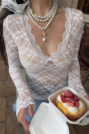 Handmade French V-Neck Lace Long Sleeve Top - Sexy Fairy Style for a Beautiful Look - Perfect for 90s and Y2K Inspired Fashion