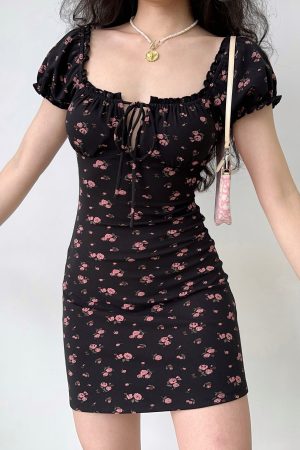 Handmade French Vintage Floral Dress for Women - Hollow-Out Tie-Up Square Neck, Puff Sleeves, Short Skirt, Summer Style