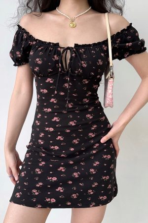 Handmade French Vintage Floral Dress for Women - Hollow-Out Tie-Up Square Neck, Puff Sleeves, Short Skirt, Summer Style