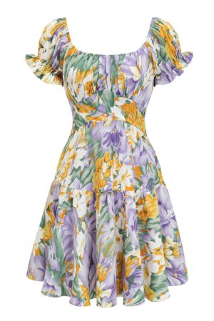 Handmade French Vintage Floral Puff Sleeve Short Sleeve Dress with Back Tie - Chic Womenâ€™s Short Skirt for Y2K Style