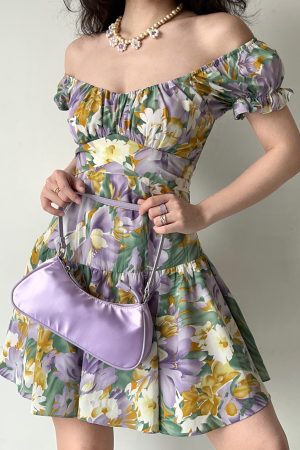 Handmade French Vintage Floral Puff Sleeve Short Sleeve Dress with Back Tie - Chic Womenâ€™s Short Skirt for Y2K Style