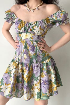 Handmade French Vintage Floral Puff Sleeve Short Sleeve Dress with Back Tie - Chic Womenâ€™s Short Skirt for Y2K Style