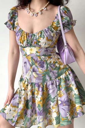 Handmade French Vintage Floral Puff Sleeve Short Sleeve Dress with Back Tie - Chic Womenâ€™s Short Skirt for Y2K Style