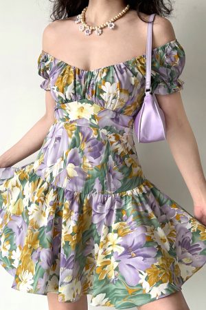 Handmade French Vintage Floral Puff Sleeve Short Sleeve Dress with Back Tie - Chic Womenâ€™s Short Skirt for Y2K Style