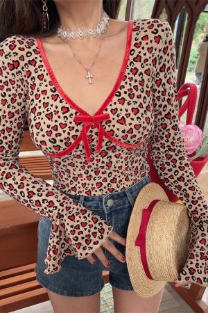 Handmade Leopard Print Long Sleeve V-Neck T-Shirt with Bow Tie and Bell Sleeves - Spicy Girl Vacation Style, 90s American Fashion