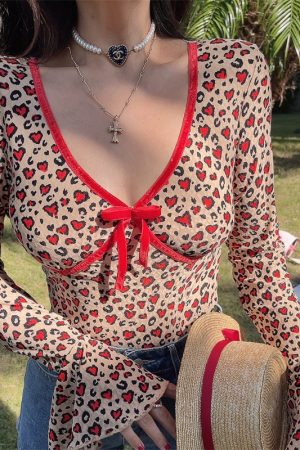 Handmade Leopard Print Long Sleeve V-Neck T-Shirt with Bow Tie and Bell Sleeves - Spicy Girl Vacation Style, 90s American Fashion