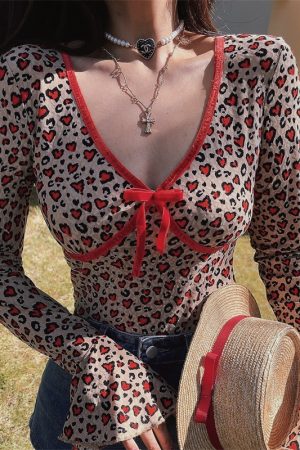 Handmade Leopard Print Long Sleeve V-Neck T-Shirt with Bow Tie and Bell Sleeves - Spicy Girl Vacation Style, 90s American Fashion
