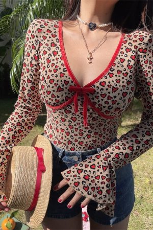 Handmade Leopard Print Long Sleeve V-Neck T-Shirt with Bow Tie and Bell Sleeves - Spicy Girl Vacation Style, 90s American Fashion