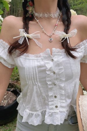 Handmade One-Shoulder White Blouse with Puff Sleeves and Lotus Leaf Design for Vacation, Boho Style