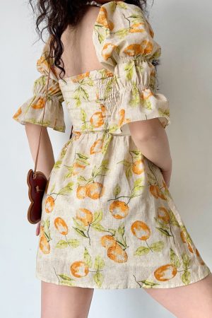 Handmade Vintage Distressed Fruit Print Square Neck Puff Sleeve Dress - Perfect for 90s and Y2K Inspired Fashion