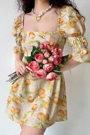 Handmade Vintage Distressed Fruit Print Square Neck Puff Sleeve Dress - Perfect for 90s and Y2K Inspired Fashion