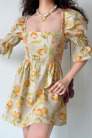 Handmade Vintage Distressed Fruit Print Square Neck Puff Sleeve Dress - Perfect for 90s and Y2K Inspired Fashion
