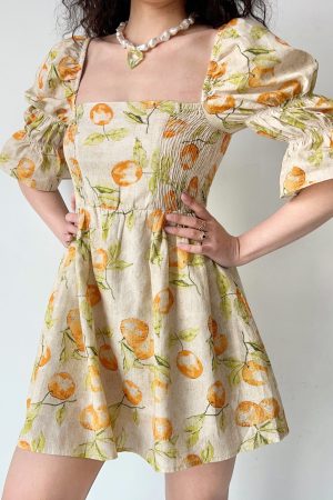 Handmade Vintage Distressed Fruit Print Square Neck Puff Sleeve Dress - Perfect for 90s and Y2K Inspired Fashion