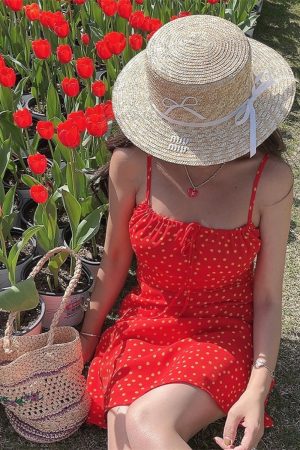 Handmade Vintage Polka Dot Little Red Dress with Drawstring Waist - Women's French Vacation Style Camisole Dress