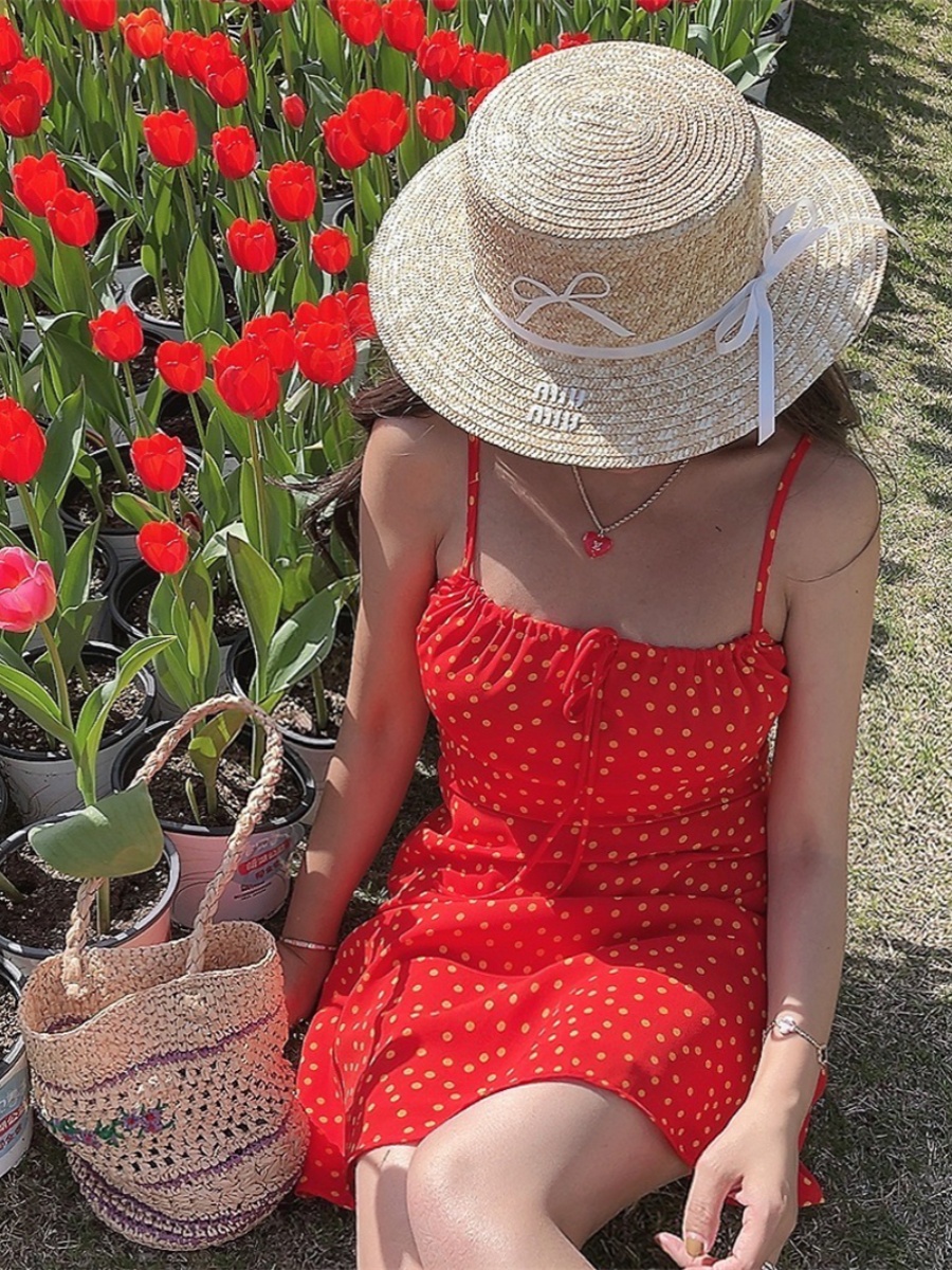 Handmade Vintage Polka Dot Little Red Dress with Drawstring Waist - Women's French Vacation Style Camisole Dress Handmade Vintage Polka Dot Little Red Dress with Drawstring Waist - Women's French Vacation Style Camisole Dress