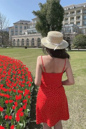 Handmade Vintage Polka Dot Little Red Dress with Drawstring Waist - Women's French Vacation Style Camisole Dress