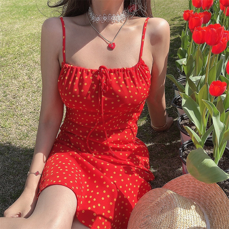 Handmade Vintage Polka Dot Little Red Dress with Drawstring Waist - Women's French Vacation Style Camisole Dress Handmade Vintage Polka Dot Little Red Dress with Drawstring Waist - Women's French Vacation Style Camisole Dress