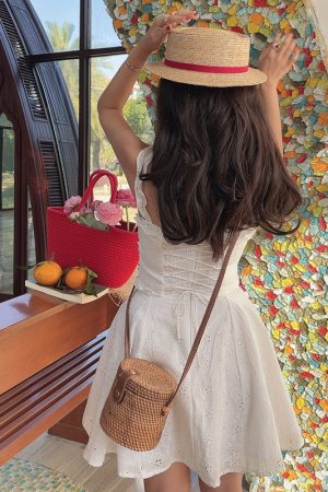 Handmade White Dress with French Square Neck and Fishbone Waist - 2025 Spring/Summer Vacation Style