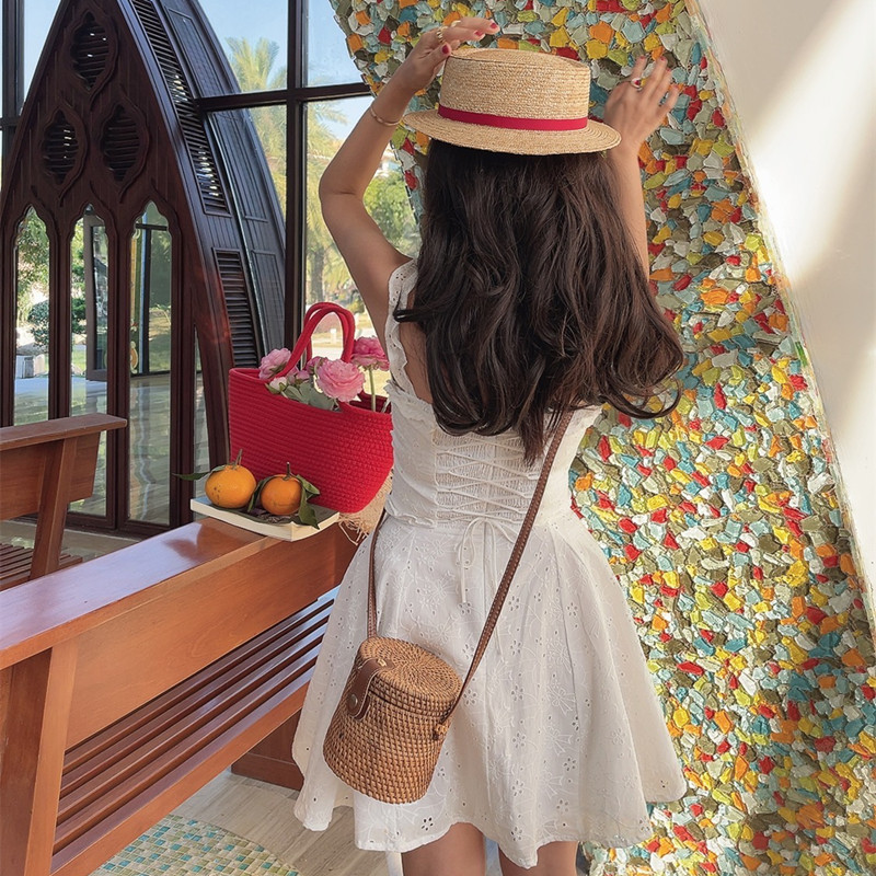 Handmade White Dress with French Square Neck and Fishbone Waist - 2025 Spring/Summer Vacation Style Handmade White Dress with French Square Neck and Fishbone Waist - 2025 Spring/Summer Vacation Style