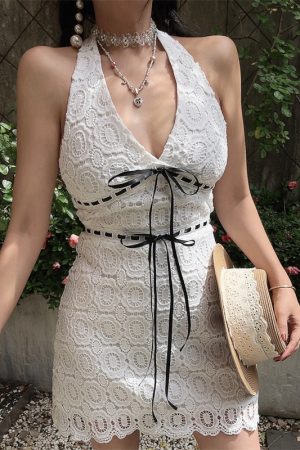 Handmade White Halter Dress with V-Neck, Bow Tie, and Flowing Lace - Perfect for Vacation and Summer Events