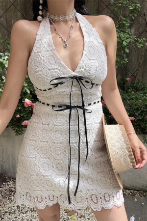 Handmade White Halter Dress with V-Neck, Bow Tie, and Flowing Lace - Perfect for Vacation and Summer Events