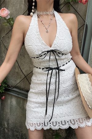 Handmade White Halter Dress with V-Neck, Bow Tie, and Flowing Lace - Perfect for Vacation and Summer Events