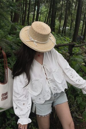 Handmade White Lantern Sleeve Shirt for Women with Embroidered Hollow Flower Design - Perfect for Vacation & 90s Aesthetic