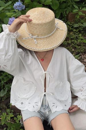 Handmade White Lantern Sleeve Shirt for Women with Embroidered Hollow Flower Design - Perfect for Vacation & 90s Aesthetic