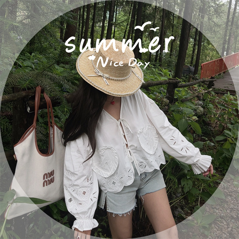 Handmade White Lantern Sleeve Shirt for Women with Embroidered Hollow Flower Design - Perfect for Vacation & 90s Aesthetic Handmade White Lantern Sleeve Shirt for Women with Embroidered Hollow Flower Design - Perfect for Vacation & 90s Aesthetic