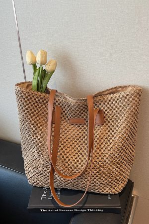 Handwoven Straw Tote Bag for Women, Large Capacity, Trendy Beach Vacation Shoulder Bag, 2025 Style