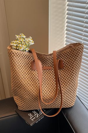 Handwoven Straw Tote Bag for Women, Large Capacity, Trendy Beach Vacation Shoulder Bag, 2025 Style