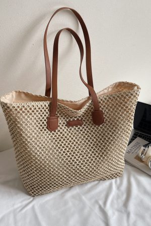 Handwoven Straw Tote Bag for Women, Large Capacity, Trendy Beach Vacation Shoulder Bag, 2025 Style