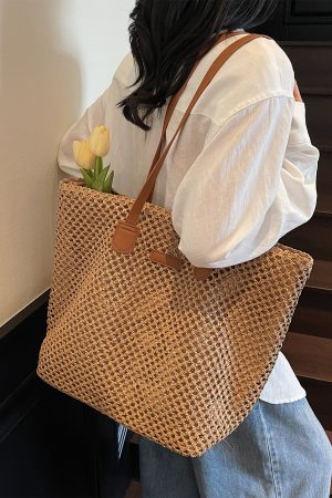 Handwoven Straw Tote Bag for Women, Large Capacity, Trendy Beach Vacation Shoulder Bag, 2025 Style