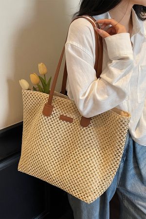 Handwoven Straw Tote Bag for Women, Large Capacity, Trendy Beach Vacation Shoulder Bag, 2025 Style