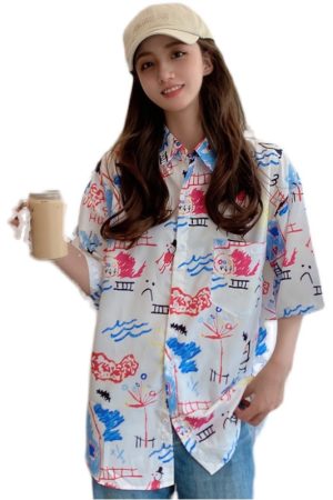 Hawaiian Floral Short Sleeve Shirt for Women - Loose Fit Beach Top in Hong Kong Style for Seaside Vacation