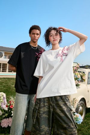 Heavy Embroidery Floral Letter T-Shirt - Short Sleeve Vintage American Style Unisex Top for Summer 2025 Fashion