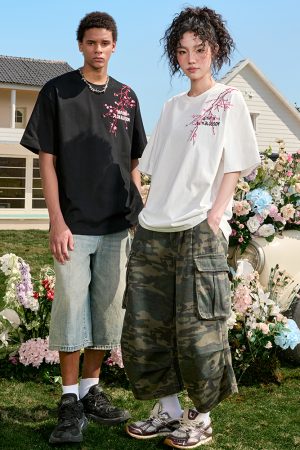 Heavy Embroidery Floral Letter T-Shirt - Short Sleeve Vintage American Style Unisex Top for Summer 2025 Fashion