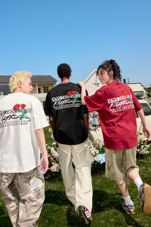 Heavy Embroidery Rose Short Sleeve T-Shirt - Vintage American Style Unisex Tee, Trendy Loose Fit, 2025 Fashion Essential