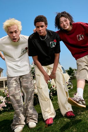 Heavy Embroidery Rose Short Sleeve T-Shirt - Vintage American Style Unisex Tee, Trendy Loose Fit, 2025 Fashion Essential