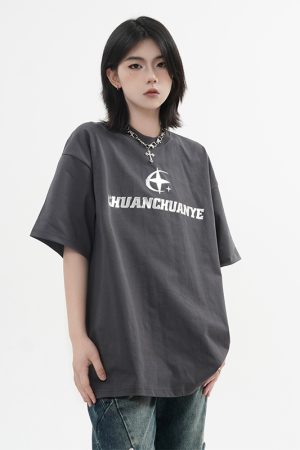 Heavyweight American Street Style Short Sleeve T-Shirt for Men & Women, Loose Fit with Small Collar, Trendy 90s Inspired Fashion.