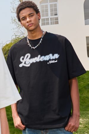 Heavyweight American Vintage Pearl Letter Print Short Sleeve T-Shirt Unisex Loose Fit 2025 Summer Streetwear